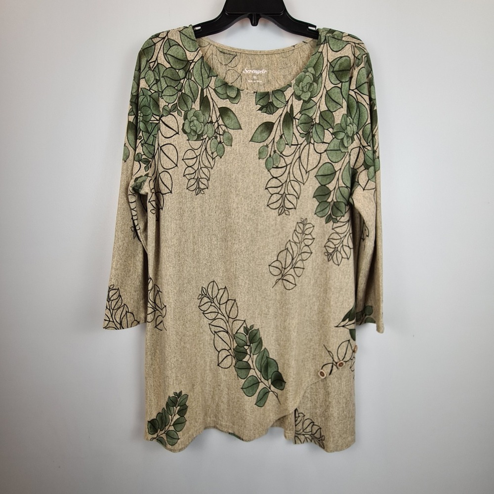Serengeti Womens‎ XL Tunic Top Tan Green Leaf Print Asymmetrical Hem 3/4 Sleeve